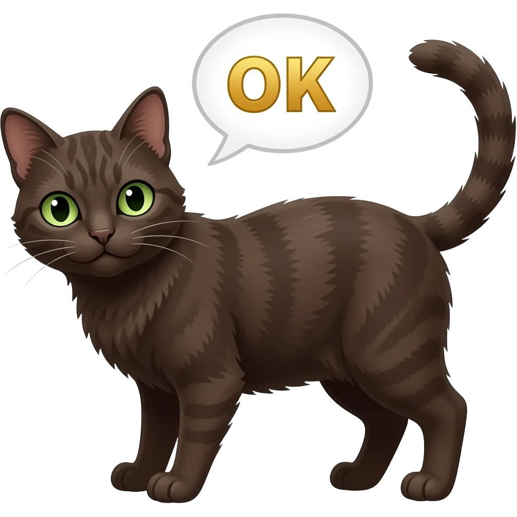 Cute content pitch-dark brown scrunkly cat With no patterns, with green eyes saying “OK” in golden letters with a speech bubble emoji