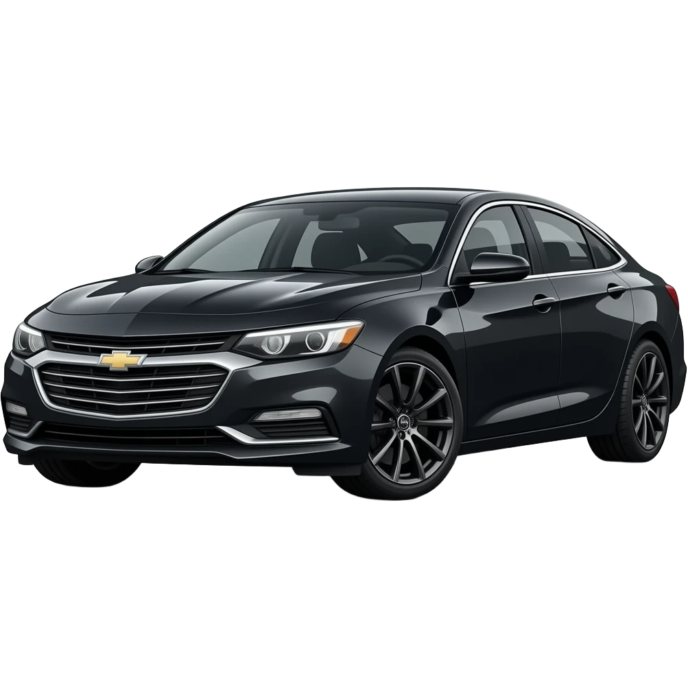 A realistic, high-detail photograph of a glossy black Chevrolet Malibu 2 Turbo Premier sedan with tinted windows, headlights on the front and black alloy rims. emoji