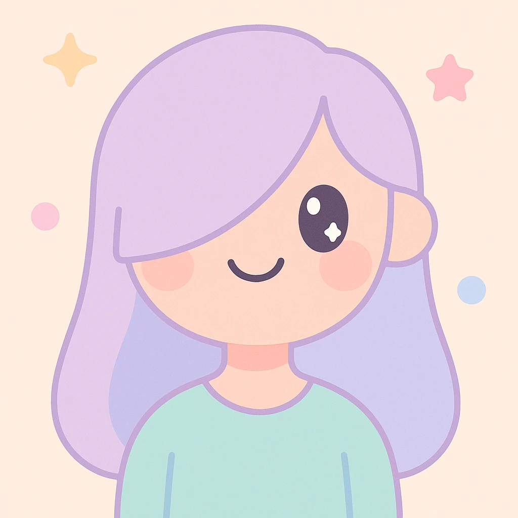 a girl with long bangs covering one eye, smiling, cute illustration style emoji
