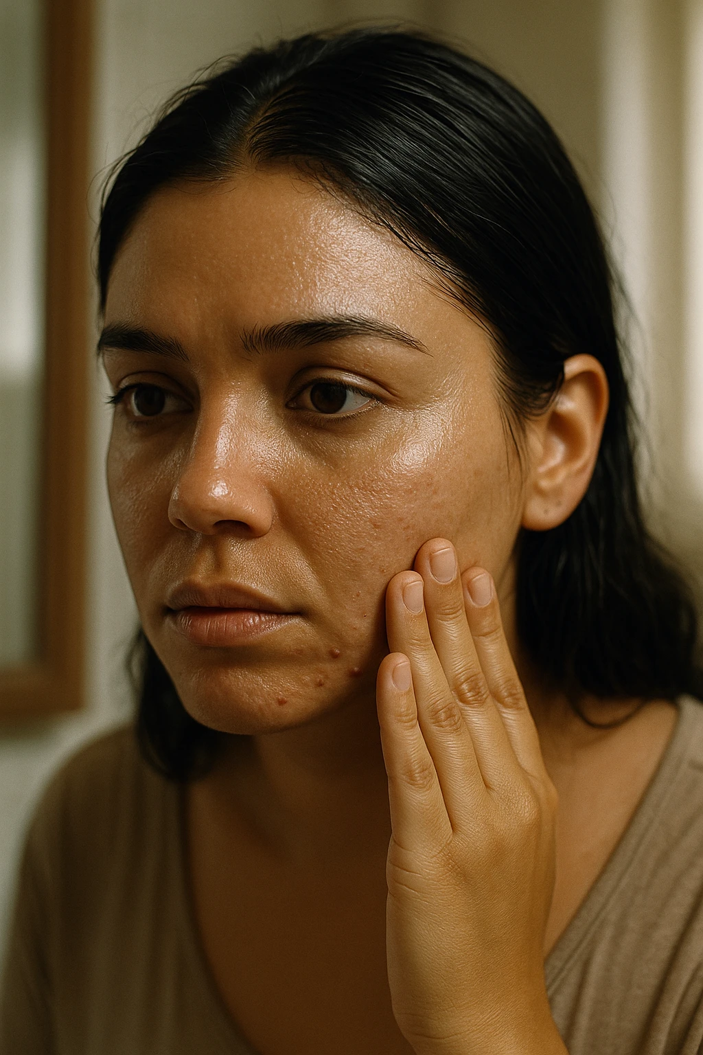A highly realistic, cinematic close-up portrait of a young woman in her late 20s with medium skin tone, showing visible oily skin and enlarged pores on her cheeks, nose, and forehead. Her skin has a noticeable shiny appearance due to excessive sebum production, and small acne spots are visible along her jawline and chin, indicating hormonal imbalance. Her dark hair appears greasy, clumping in some areas near her scalp, emphasizing unwashed, oily hair due to overactive sebaceous glands caused by PCOS. The woman looks at herself in the mirror with a tired yet hopeful expression, gently touching her cheek with her fingertips as she observes her skin condition. The setting is a softly lit bathroom with natural daylight, and the reflection shows the detail of her skin texture and greasy hair strands. Style: 35mm hyperrealistic film, warm neutral tones with soft depth of field, focusing on the oily skin texture, visible pores, and greasy hair to clearly illustrate the visual symptoms of PCOS. in italiano emoji