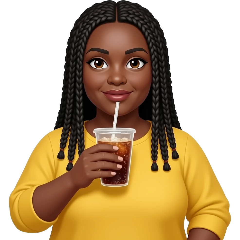 chubby professional black woman in her 40s with long thin hair braids wearing a yellow top and holding cup of soda emoji