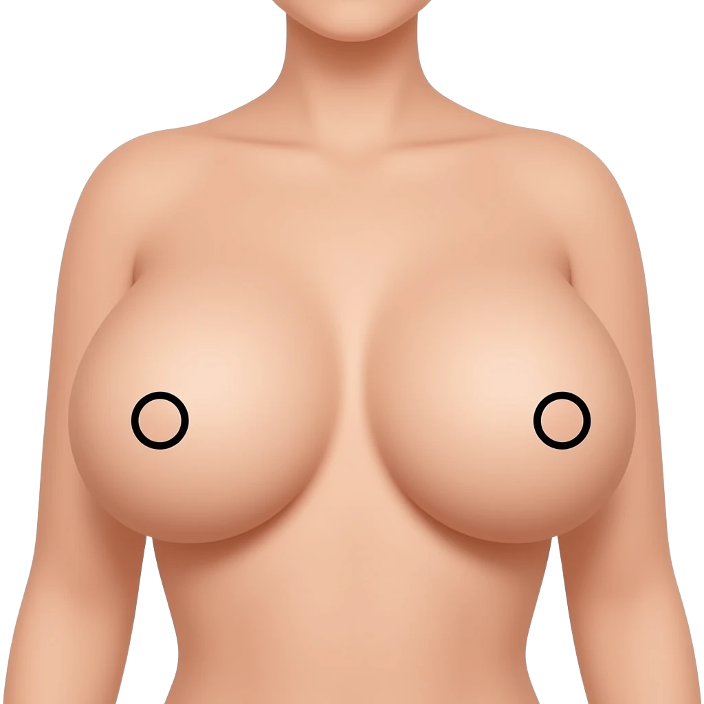 Skinny woman. Nude. Huge spherical boobs. Pierced nipples outlined in black. emoji