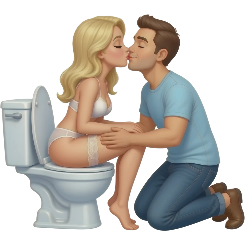 White blonde woman in lingerie sits reverse backwards on open toilet holding her ass cheeks open while man kneels behind her kissing her butt. Eyes closed smiling emoji