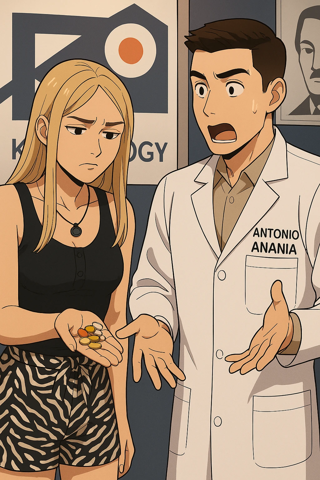 fai un webtoon/manga a colori con questo kinesiologo in camice bianco (fagli la scritta "ANTONIO ANANIA" SUL CAMICE) CHE PARLA CON QUESTA RAGAZZA. LA RAGAZZA HA UN PUGNO DI INTEGRATORI IN MANO (TANTE PILLOLE DIVERSE) E LE GUARDA DUBBIOSA. IL KINESIOLOGO CON IL CAMICE BIANCO LE DOMANDA UNA COSA SCIOCCATO. NON FARE I FUMETTI, FAI SOLO LORO COME SE DIALOGASSERO emoji