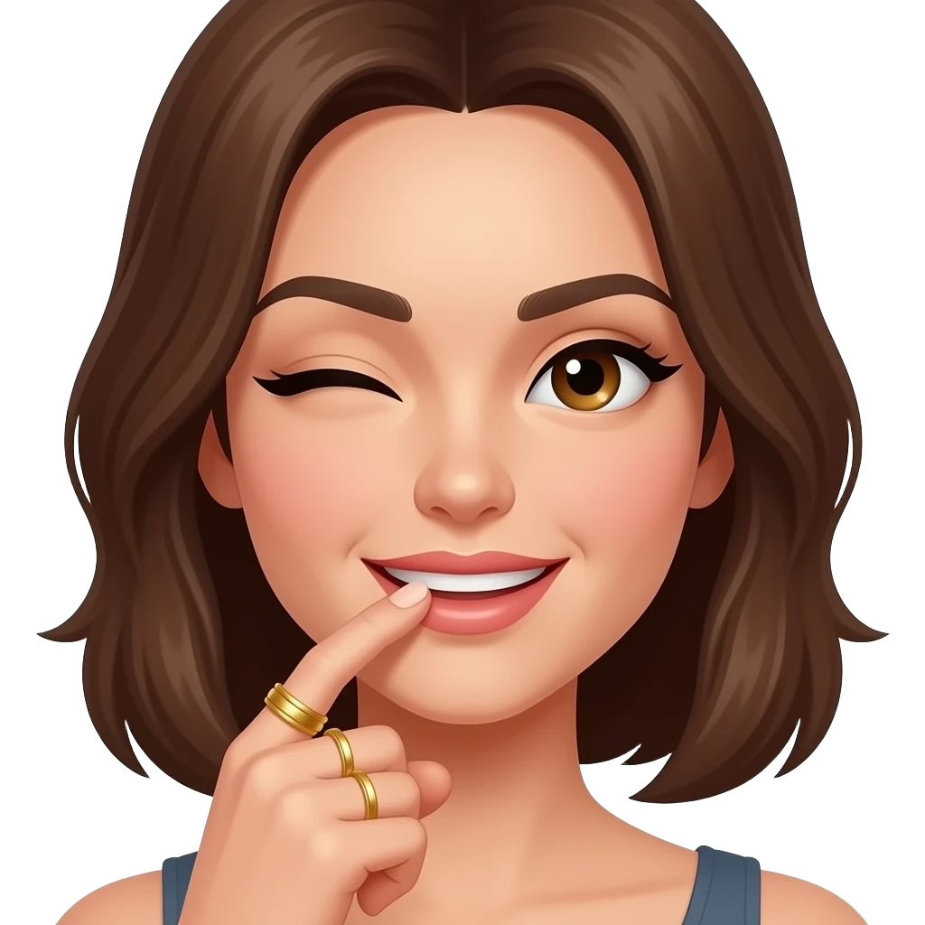 Quero que sea una mujer. En una orega tiene una argolla dorada y en la otra tiene la misma más otra más chica.quero q se este mordiendo la uña del dedo índice y este guiñando un ojo emoji