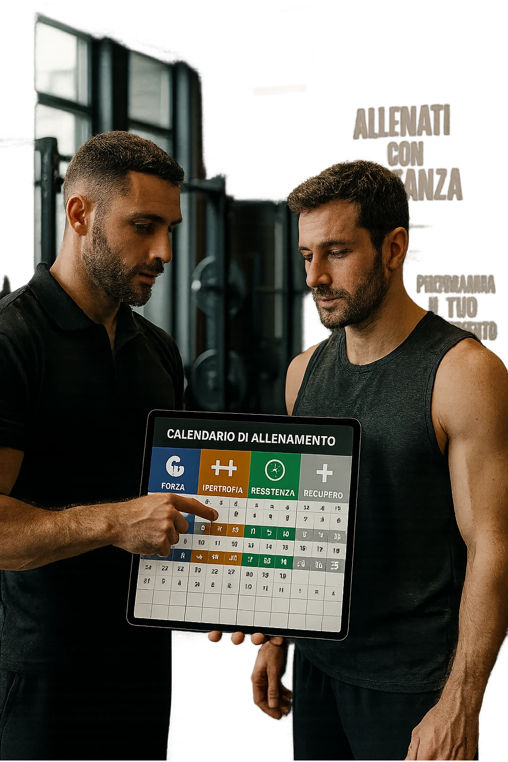 realistic cinematic photo a personal trainer and a client stand in a modern gym, reviewing a large, color-coded training calendar or chart on a tablet. The calendar shows different phases (strength, hypertrophy, endurance, recovery) with icons and dates. Around them, gym equipment and motivational posters reinforce the idea of structured, periodized training. in italiano emoji