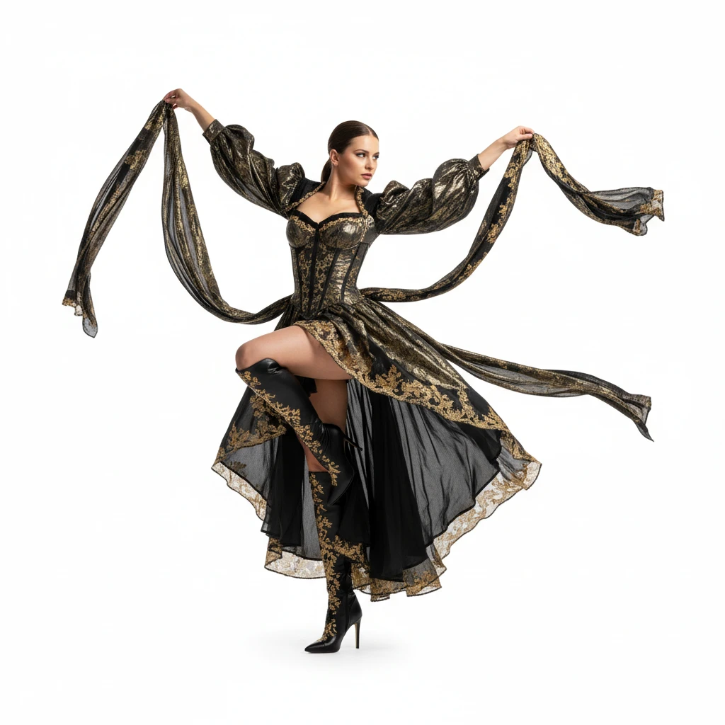 Make her dress in this outfit, model dynamic pose, white solid background emoji