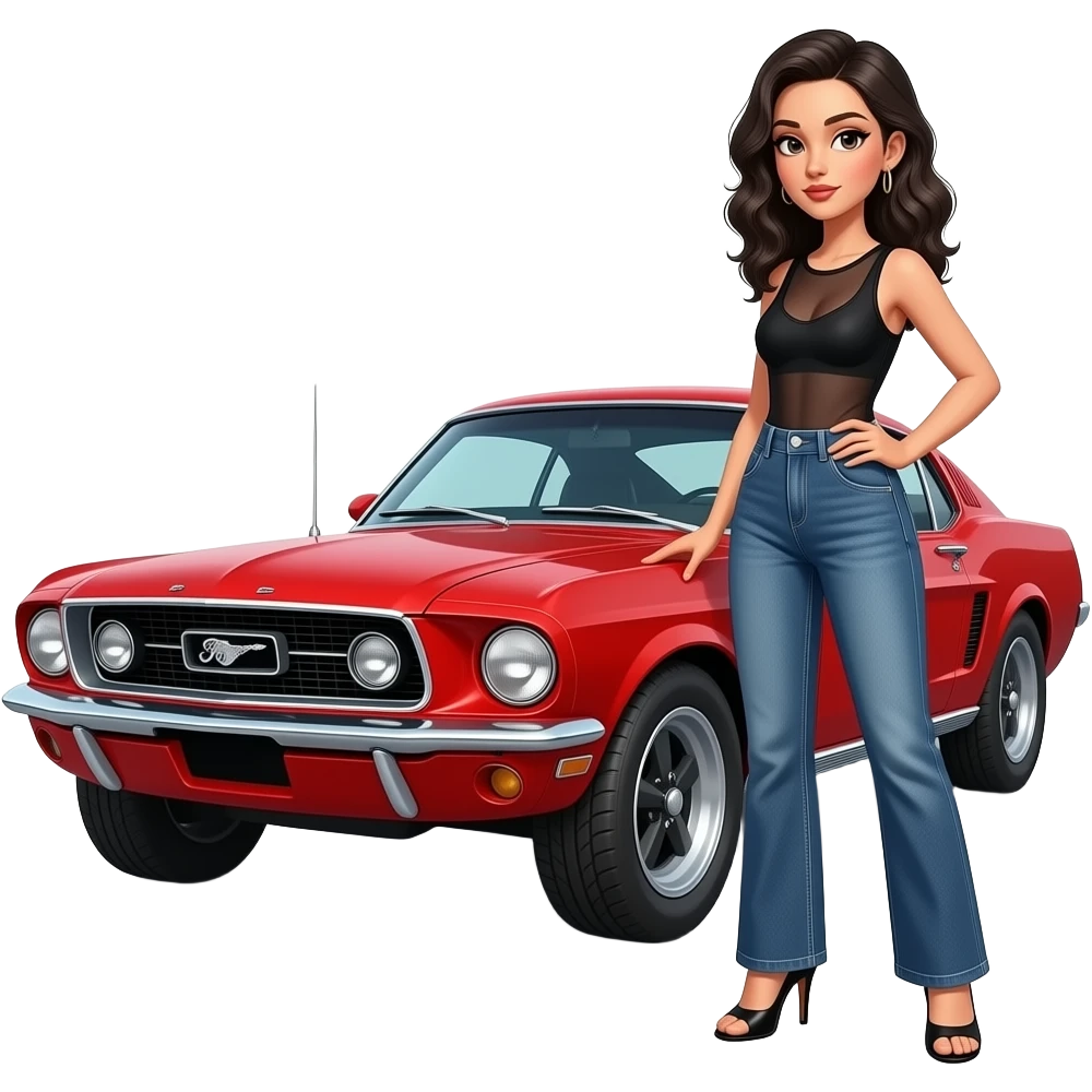 Pale girl with black wavy hair standing on the front left of a red Ford Mustang 1968 coupe. Girl wearing a sheer black sleeveless top with a medium neckline, jeans and heels with visible toes. Right hand on the hood and left hand on her waist and 3/4 profile position. emoji