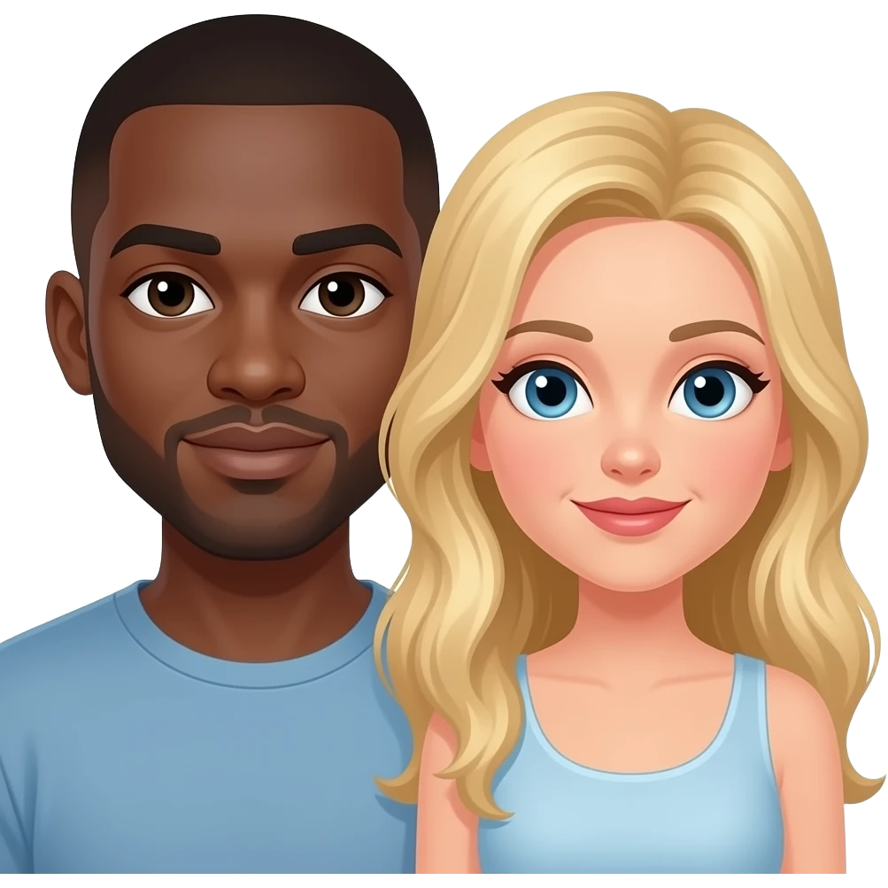Black man with shaved head relaxing with blonde woman emoji