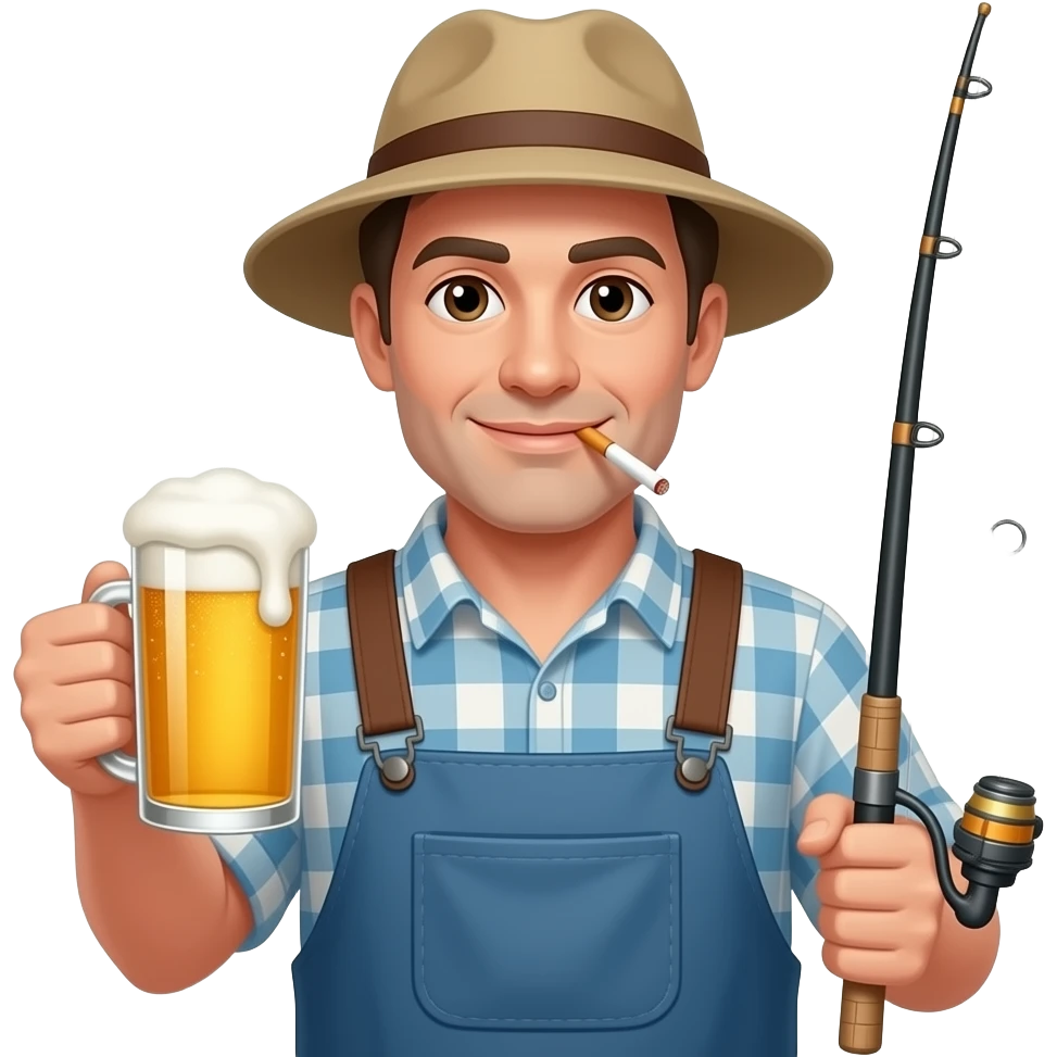 A fisherman with a ciggarette hanging out of his mouth, a beer in one hand, and a fishing rod in the other hand emoji