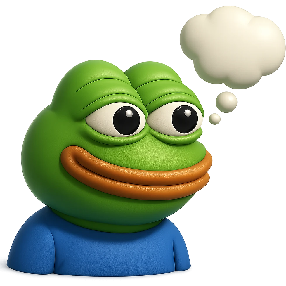 make a pepe in bright green smiling with thought bubble looking at right side in 3d style, good highlights and shadows, drop shadows emoji