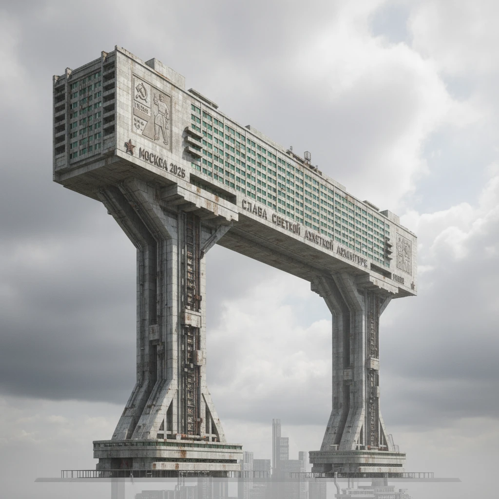 Удлиненная панелька-небоскреб, если бы ее строили в позднем СССР в 2025 году. Стоит на двух высоких небоскребах, которые как опоры держат ее на себе.

Фотореализм. Абсолютно прозрачный фон emoji