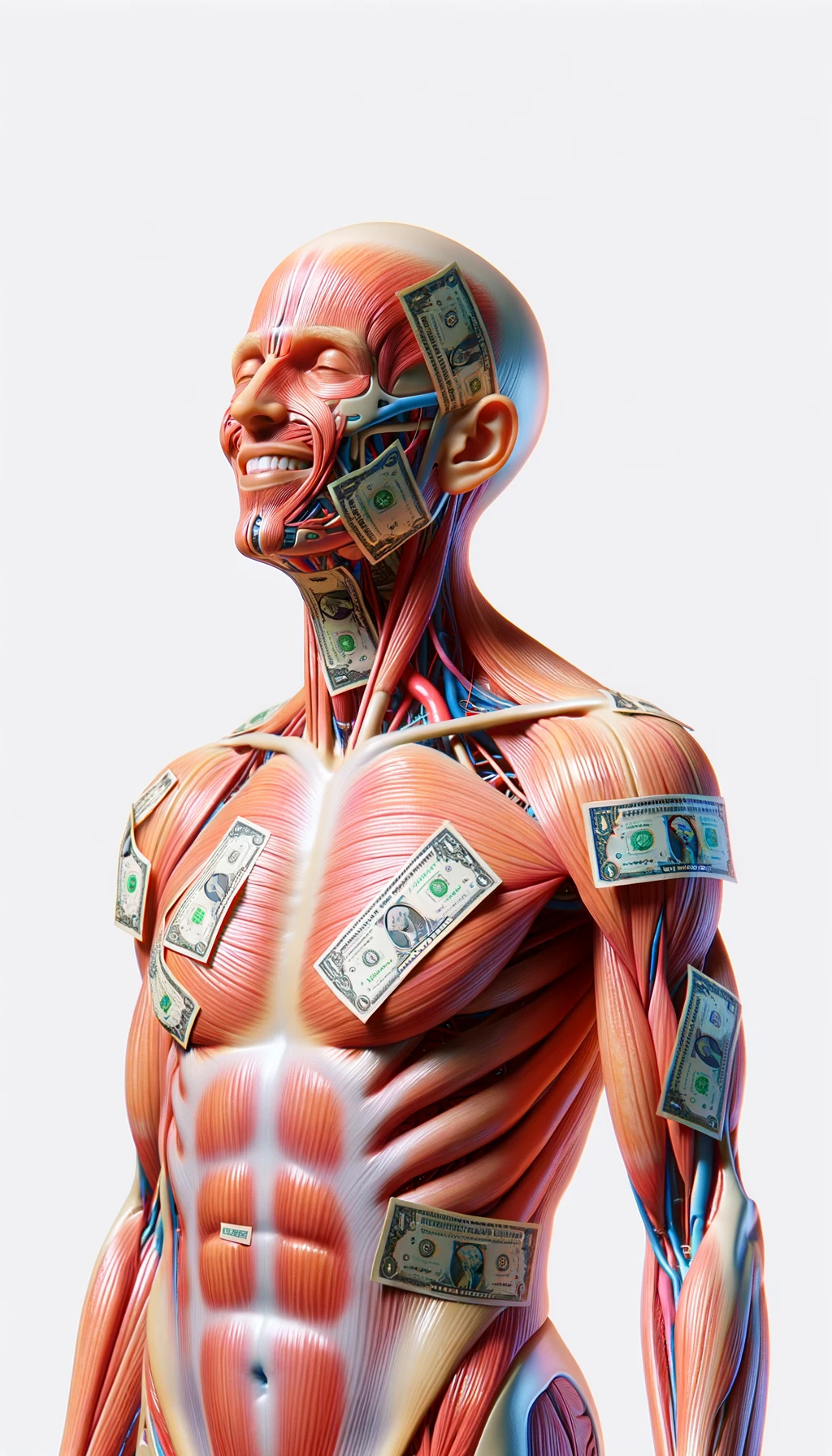 corpo umano anatomico sereno e felice con banconote sparse appiccicate sul corpo, colori realistici del corpo, espressione stupita, iperrealistica 4k, isolato su sfondo bianco emoji