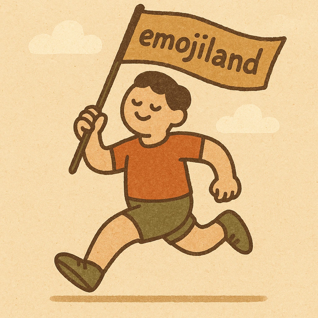 happy runner waving a flag that says 'emojiland' emoji