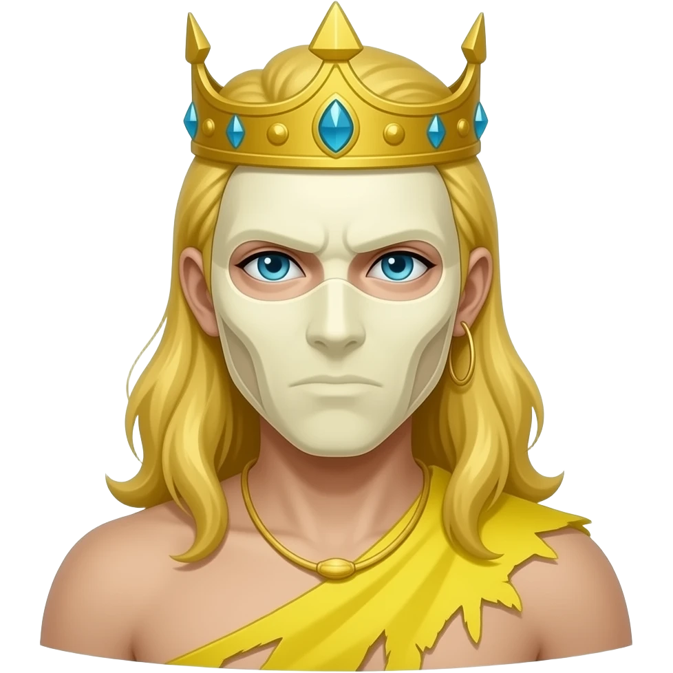 Hastur, el rey de amarillo, vistiendo unos harapos amarillos y el rostro cubierto por una máscara de color blanco pálido emoji