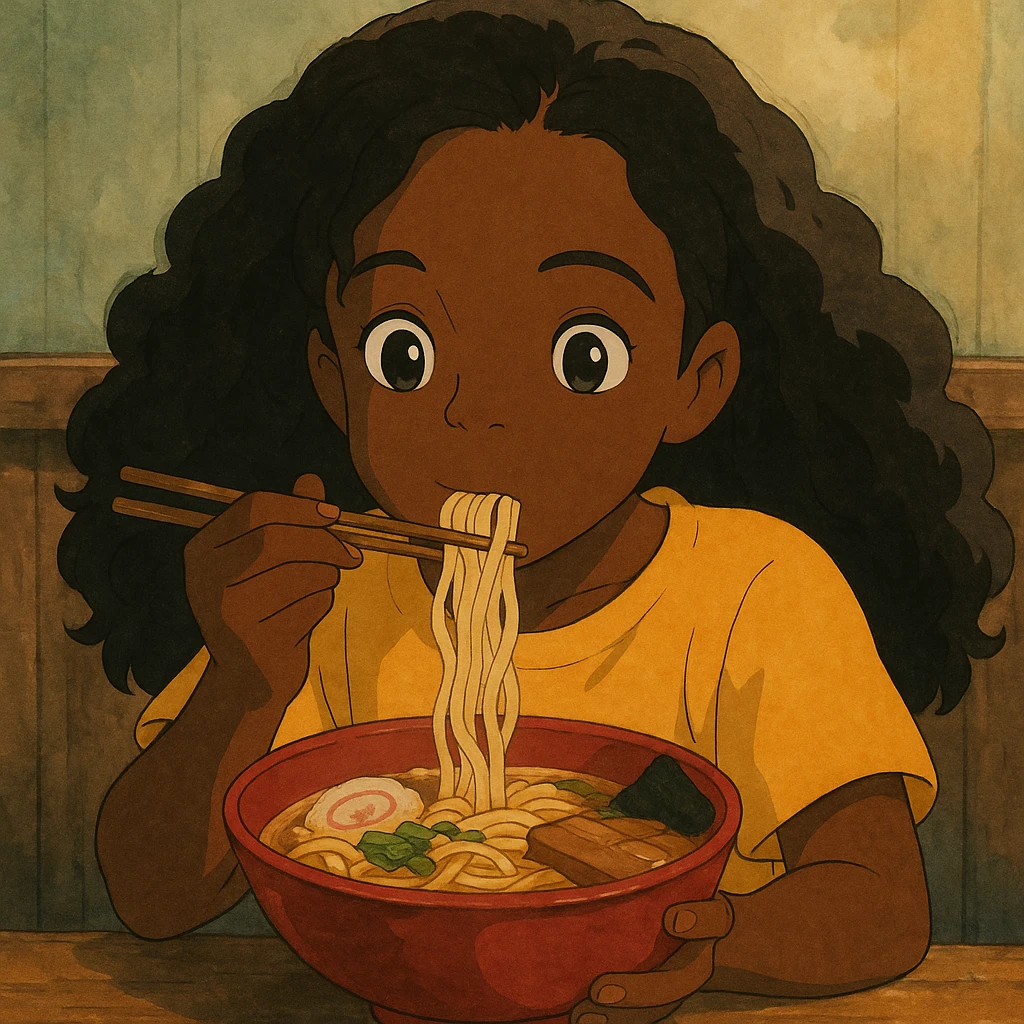 dark skin African American girl with long curly black hair, wearing a yellow shirt, eating a bowl of ramen, ghibli-inspired emoji