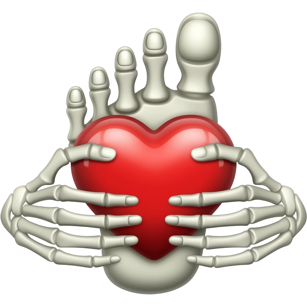 Esqueleto de pies sosteniendo con sus dos manos un corazón emoji