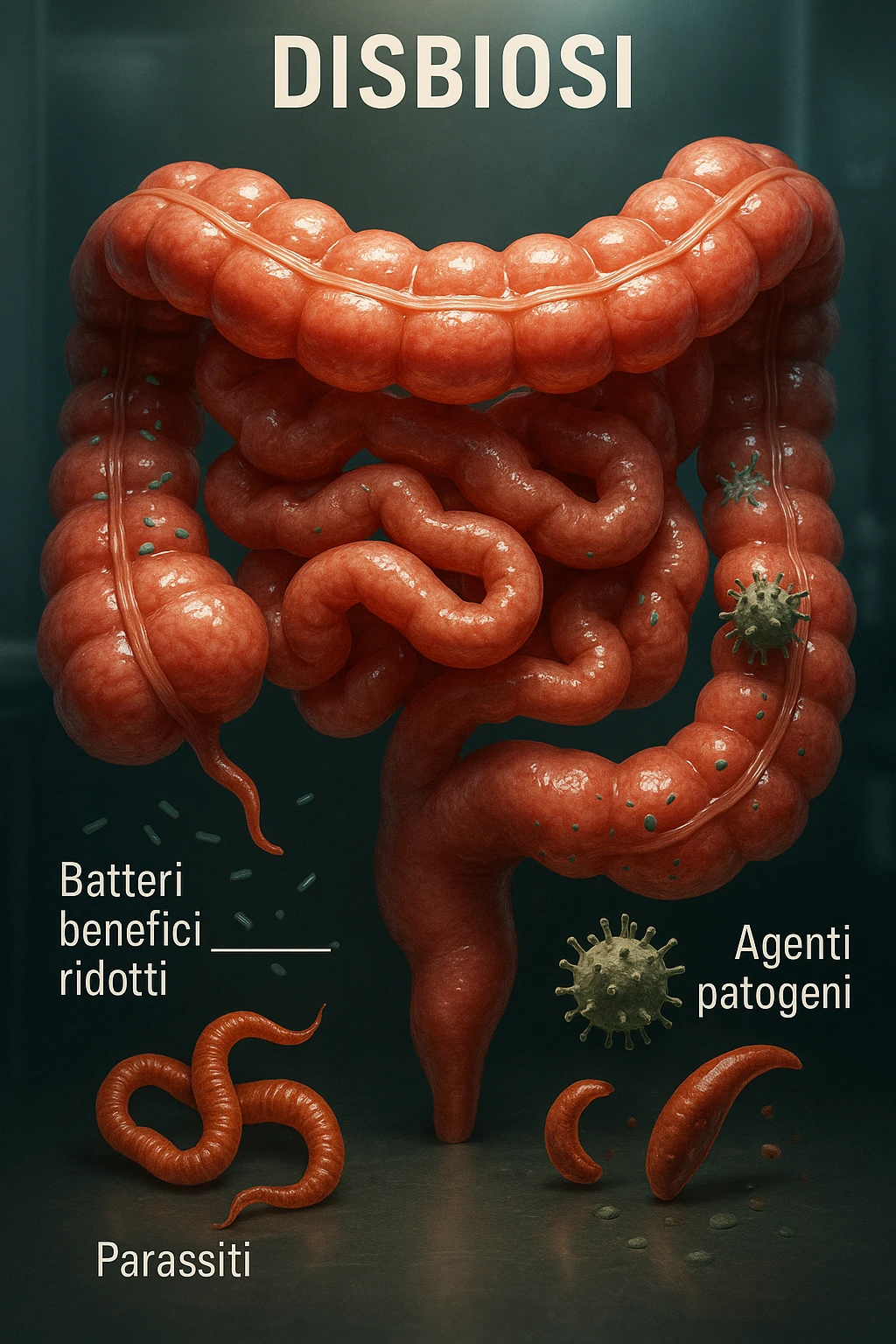 Immagine verticale, realistica e cinematografica in italiano: intestino umano con disbiosi, batteri benefici ridotti, parassiti e agenti patogeni evidenziati, atmosfera clinica, luci drammatiche, didascalie in italiano, 2:3. emoji