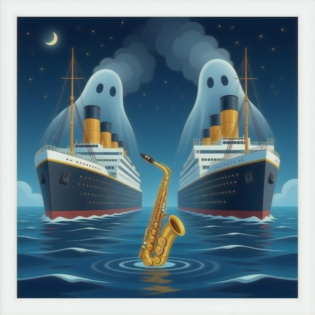 the ghostly ships Titanic vs The Queen Mary floats above the sea in which a saxophone floats emoji