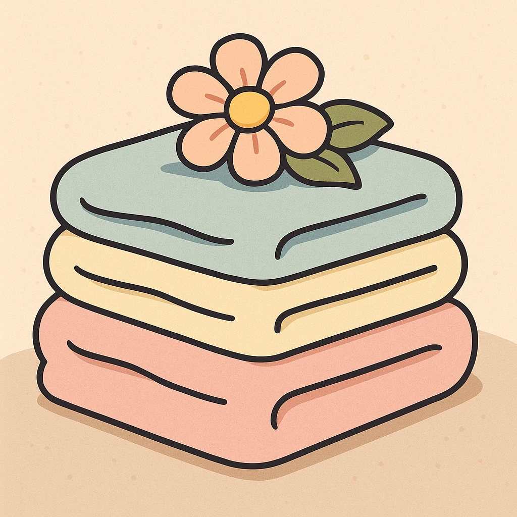 a stack of fluffy towels with a flower, spa vibe, cozy and inviting atmosphere emoji