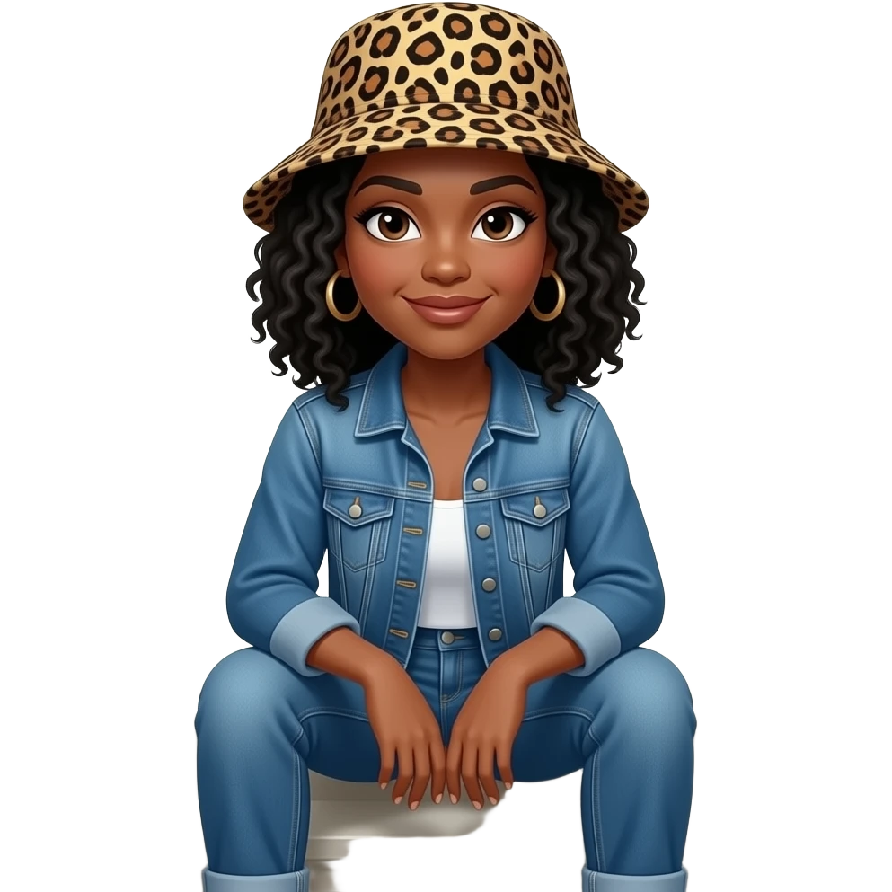 African American woman with shoulder length black curly hair wearing a leopard print bucket hat wearing denim jeans and a denim jacket sitting on porch steps emoji
