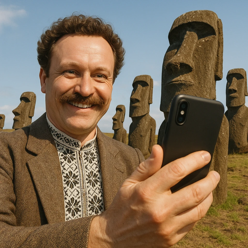 taks a selfie in front of statues on Easter Island emoji