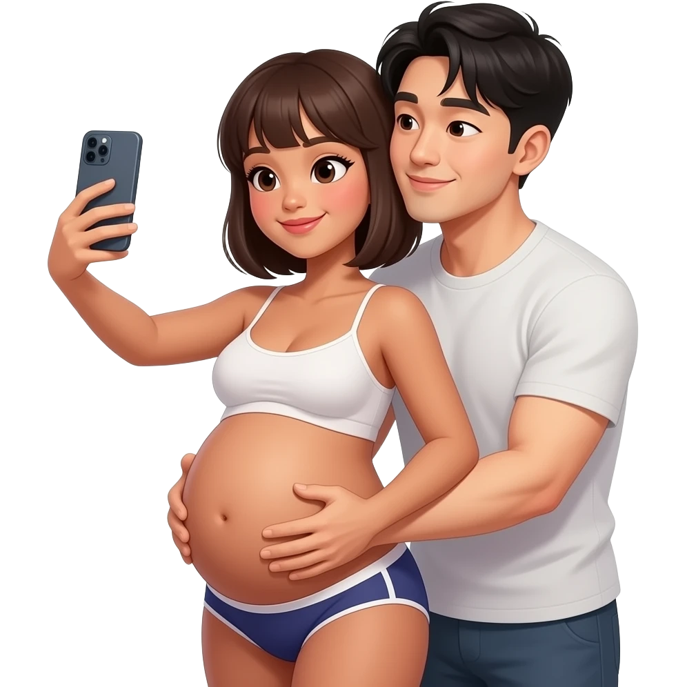 generate me a hot filipina with brown skin pregnant taking a mirror selfie with bangs and short hair with a hot korean guy with bangs hair besides her carrying her womb like doing a backhug. make them wear underwear. make the guy rest his head on the woman's shoulder like kissing her neck emoji