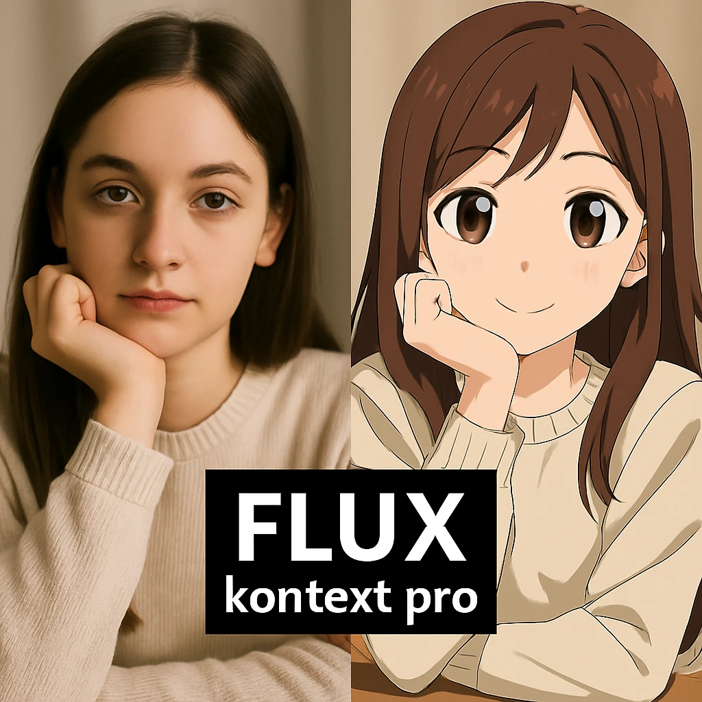 replace the logo with the text of "FLUX kontext pro", keep everything else same emoji