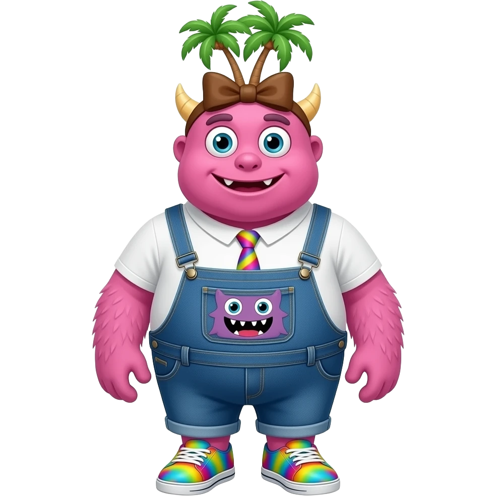 a pink monster who has a brown bow on her forehead. she also has palm trees sticking out of her head. she is wearing blue jean overalls and has a white shirt with a monster on it under the overalls. she is very big, very wide and tall. she is wearing tyedye shoes. emoji