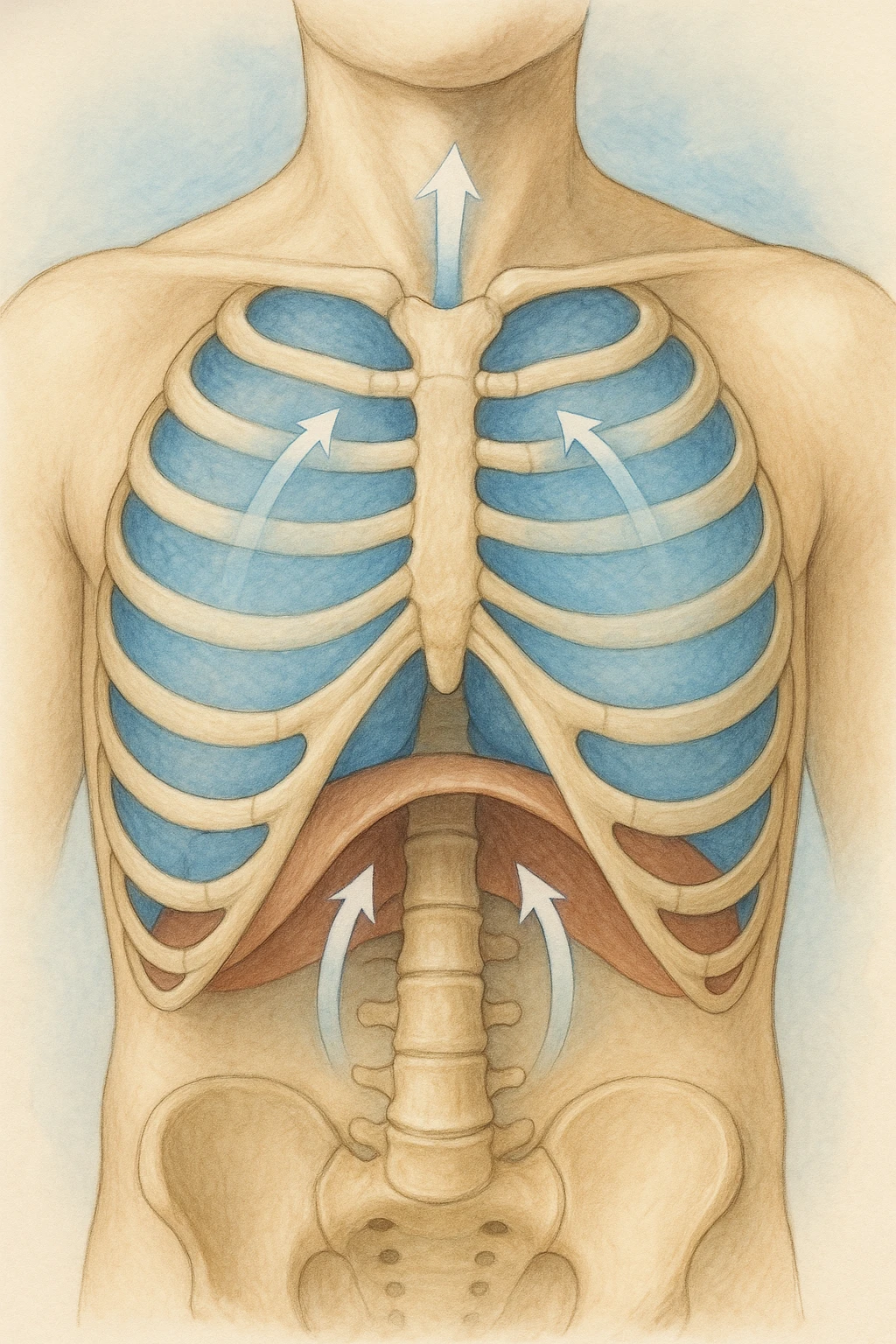 A realistic, high-quality anatomical illustration showing a human torso with visible rib cage and diaphragm. The ribs are shown in a decompressed, expanded state, allowing full lung expansion, while the diaphragm is depicted as relaxed and lowered, indicating deep, efficient breathing. Soft blue and warm tones highlight airflow and lung capacity, with light arrows illustrating the air movement during diaphragmatic breathing. The image conveys a sense of calm, openness, and optimal breathing mechanics, useful for physiotherapy, breathing education, and osteopathic learning contexts emoji