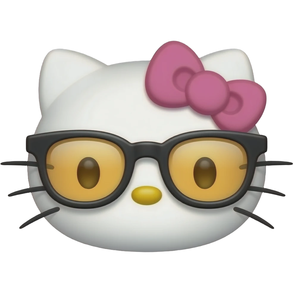 A minimalist Apple-style emoji of Hello Kitty's face. She has no mouth, small whiskers, a yellow nose, and is wearing thick-rimmed black glasses with amber lenses and a pink bow, centered on a solid black background emoji