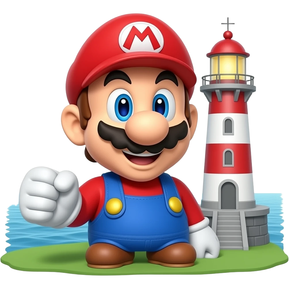 super mario bro close to a lighthouse 3d close to the ocean emoji