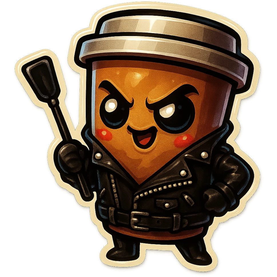 Tall coffee cup, dressed in leather holding a whipping paddle, mischevious, heart emoji