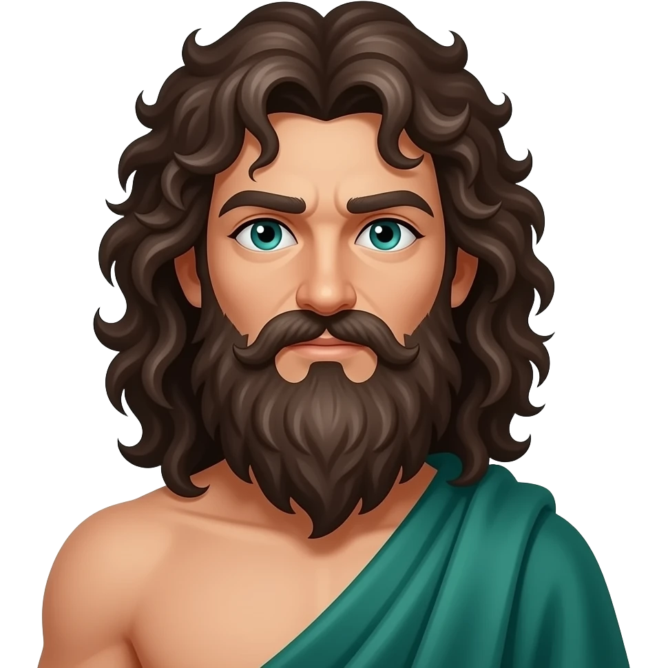 Neptune from Roman Mythology with teal eyes, long dark brown curly storm cloud hair and beard, sea green cloak, shirtless emoji