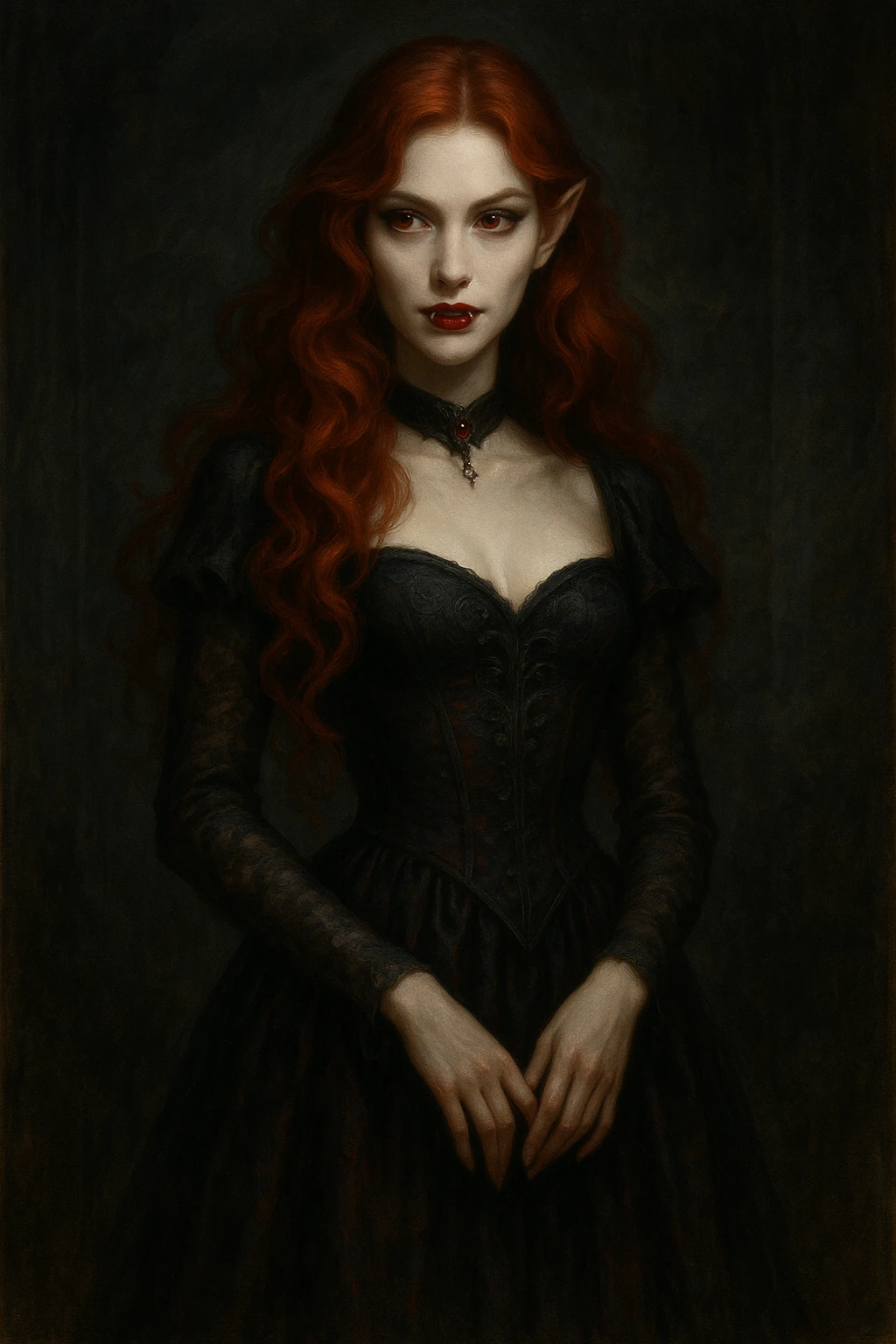 ginger vampire girl, elegant dress, mysterious expression, fantasy art emoji