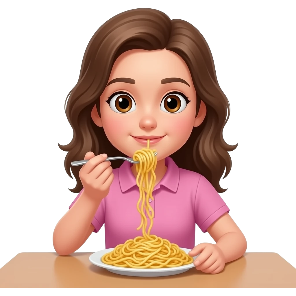 Az arca ne gyerekes legyen hosszú barna haja legyen és az asztalnál egyen spagettit barna szeme legyen és rózsaszín poloja legyen ilyen tinédzer arcú legyen emoji