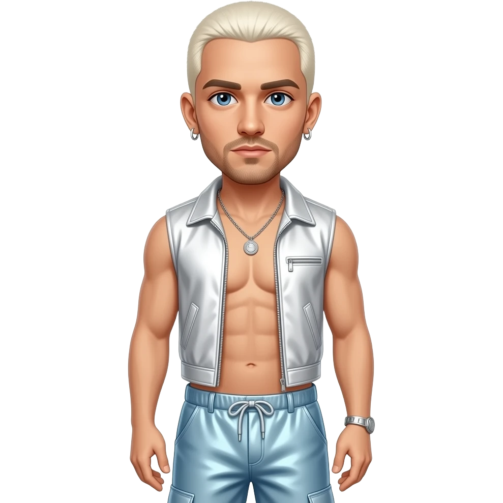 Eminem with white-blonde buzz cut hair, blue eyes, white metallic vest, light blue metallic baggy loose pants, shirtless with necklace and earrings emoji