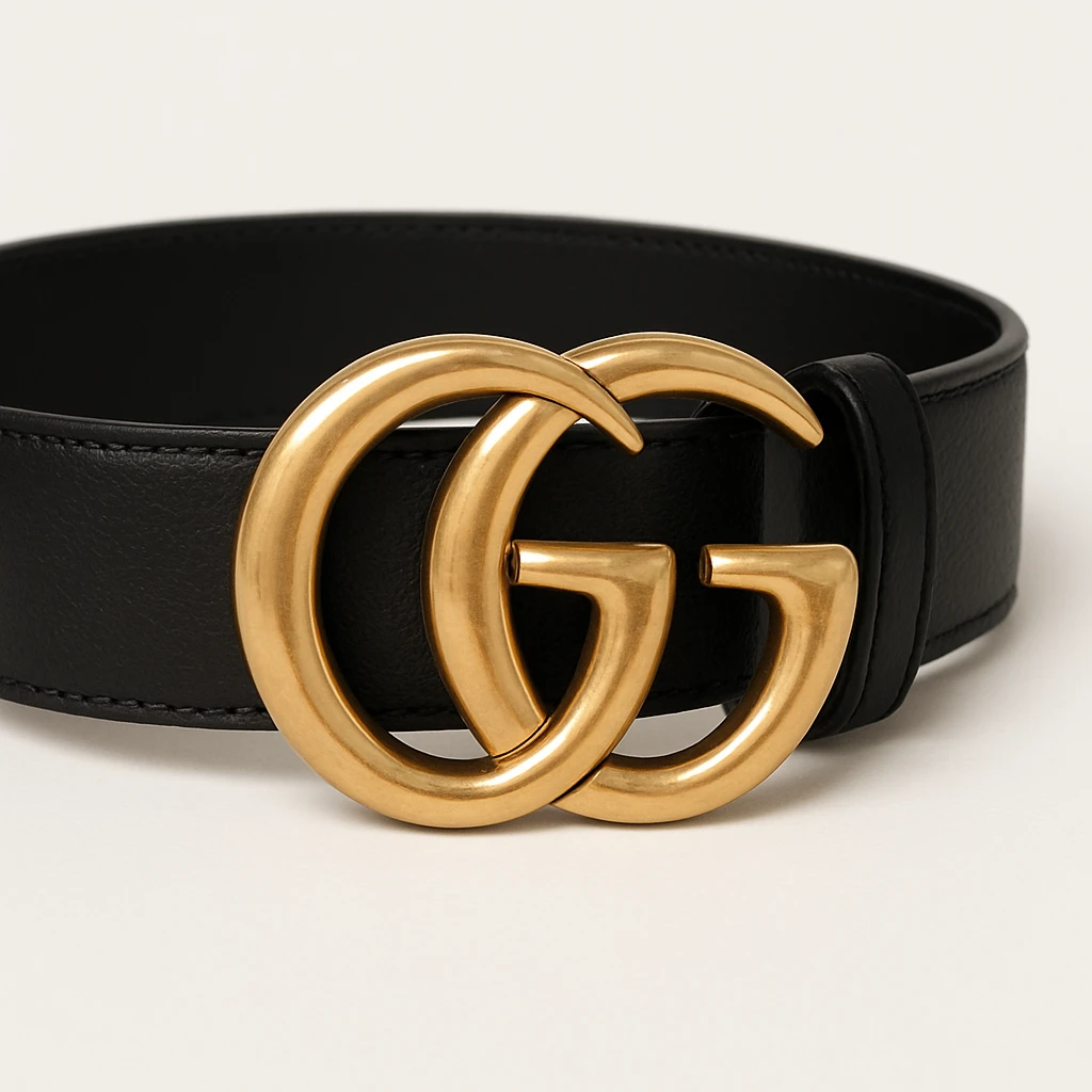 a Gucci belt, close-up of gold GG logo, black leather strap, high-end fashion, white background emoji
