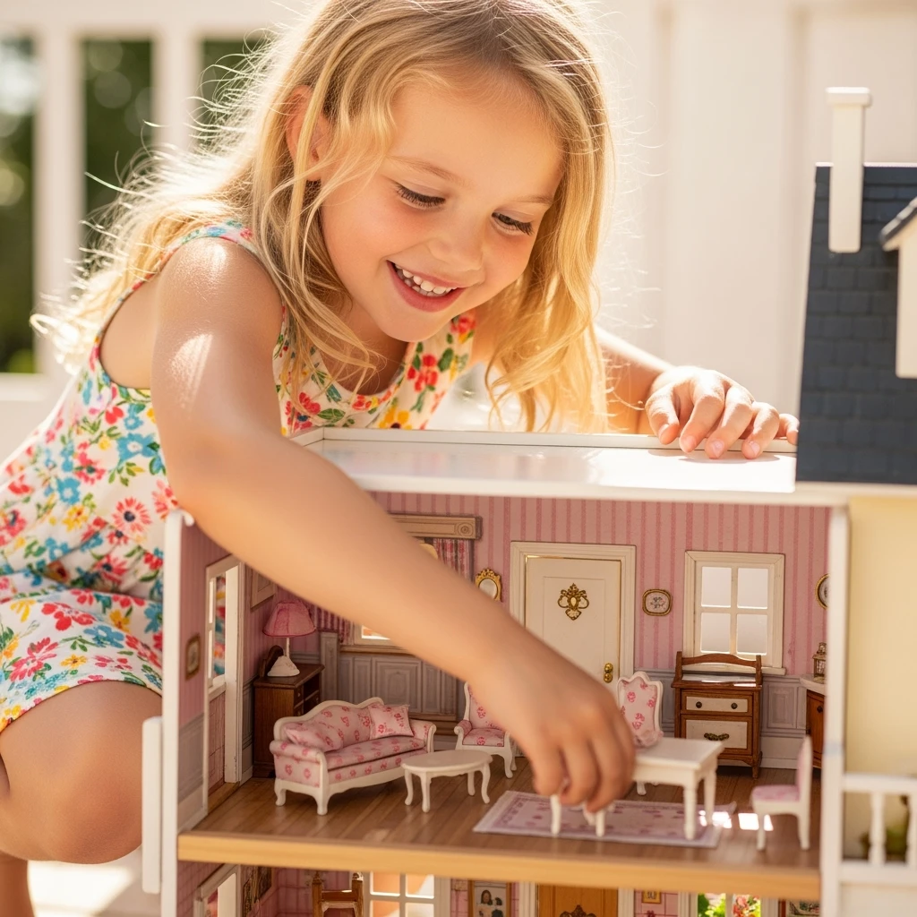 smiling girl arranging furniture in doll house emoji