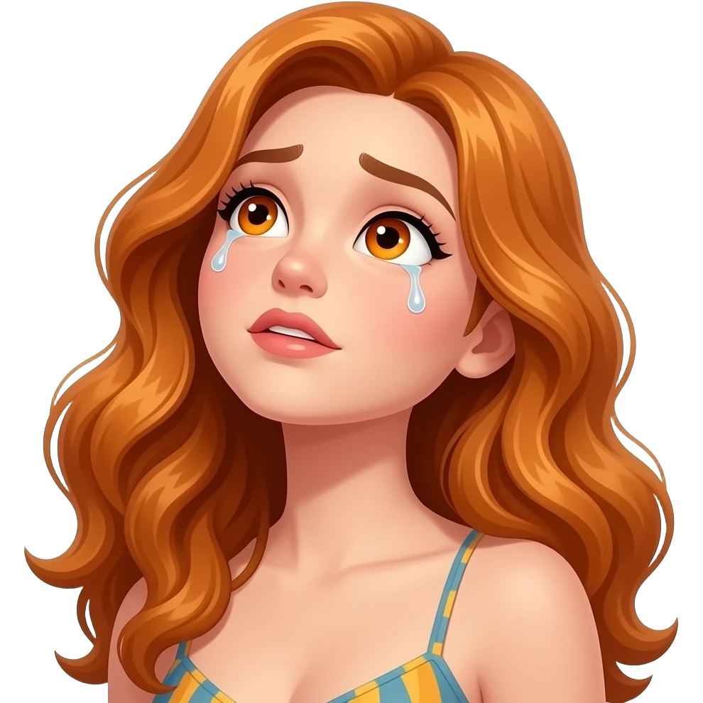 sexy girl with long wavy ginger hair and ginger eyes is looking up to the ceiling with tears in her eyes emoji