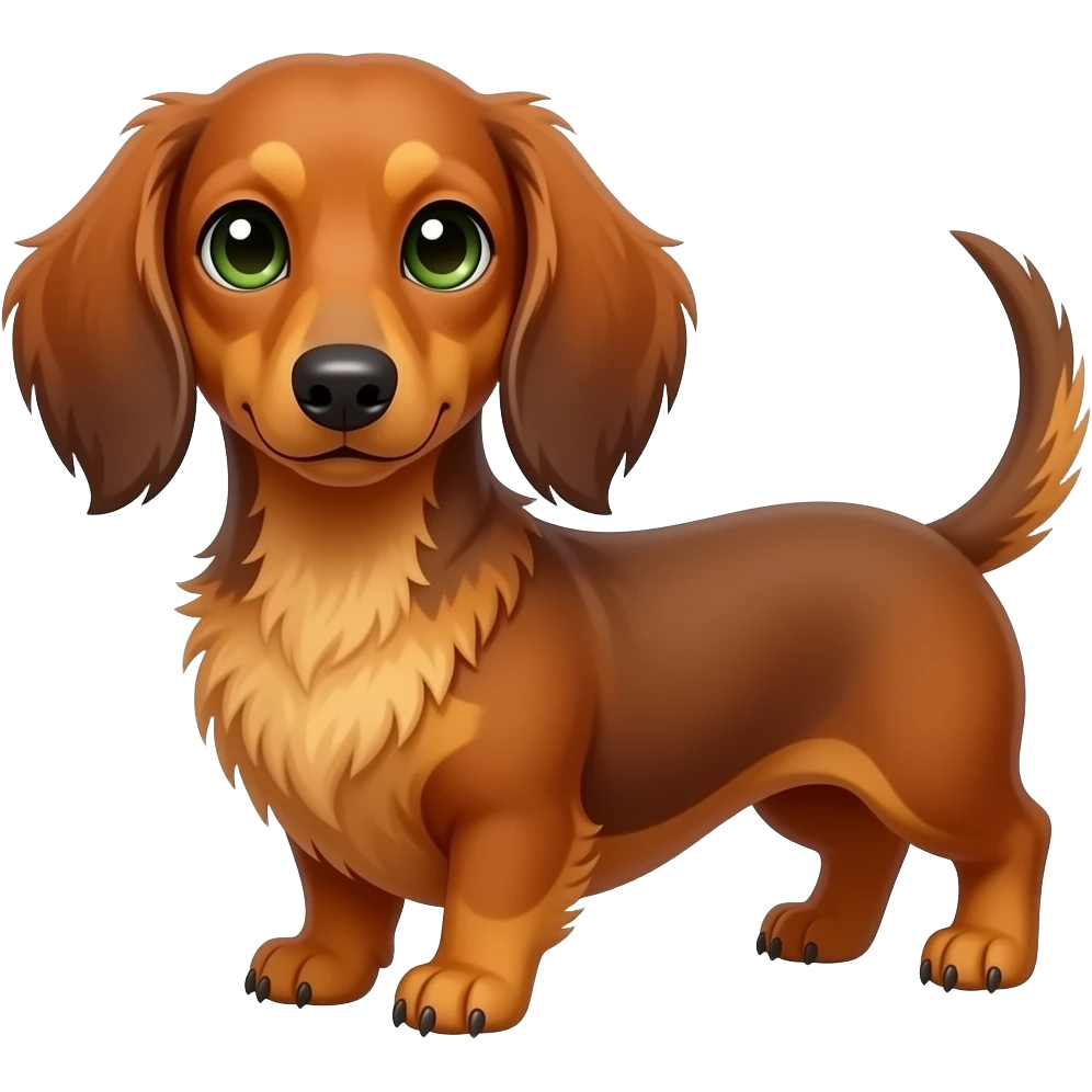 red dachshund with fluffy ears with green eyes emoji