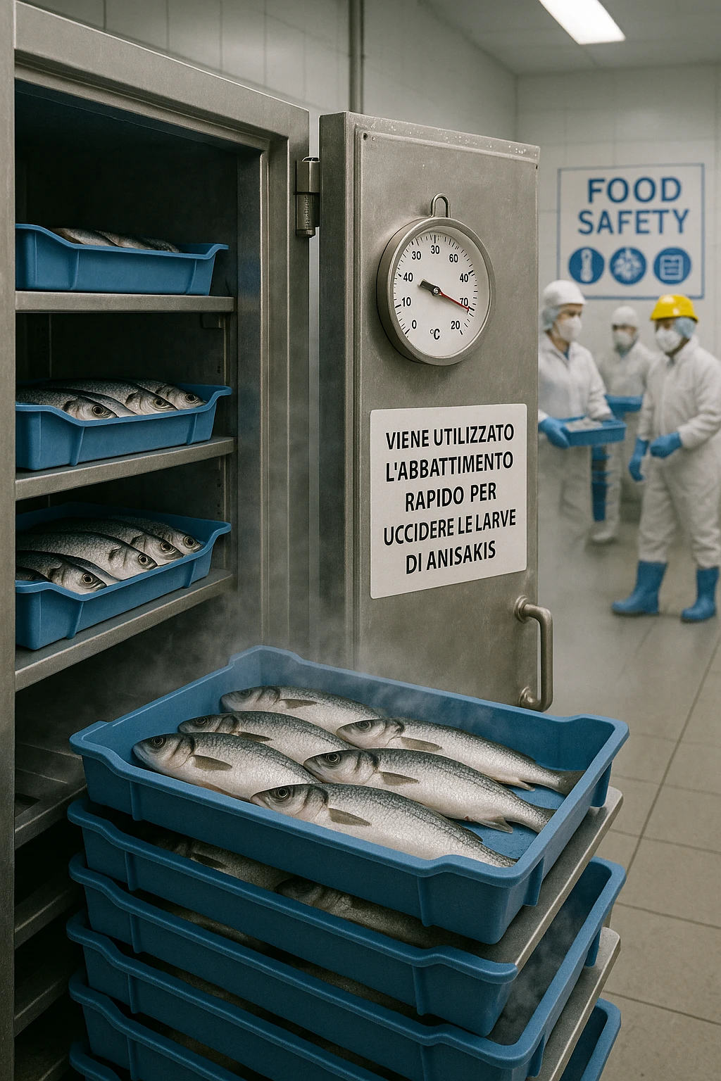 a fish processing facility where freshly caught fish are placed on trays and moved into a large industrial freezer. A temperature gauge shows -20°C, and an educational label explains that rapid freezing (abbattimento) is used to kill Anisakis larvae. The background includes workers in protective clothing and clear signage about food safety. in italiano emoji