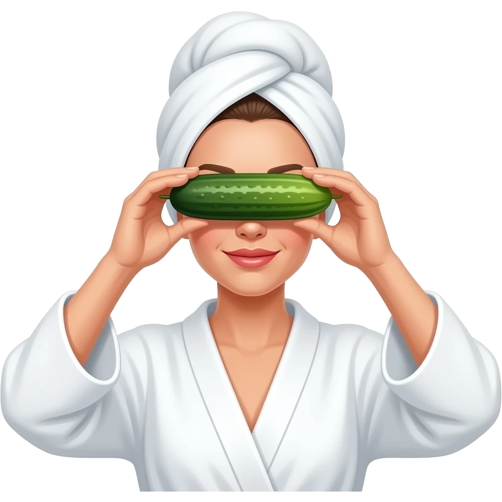 woman in a robe with hair in a towel and cucumbers on her eyes emoji