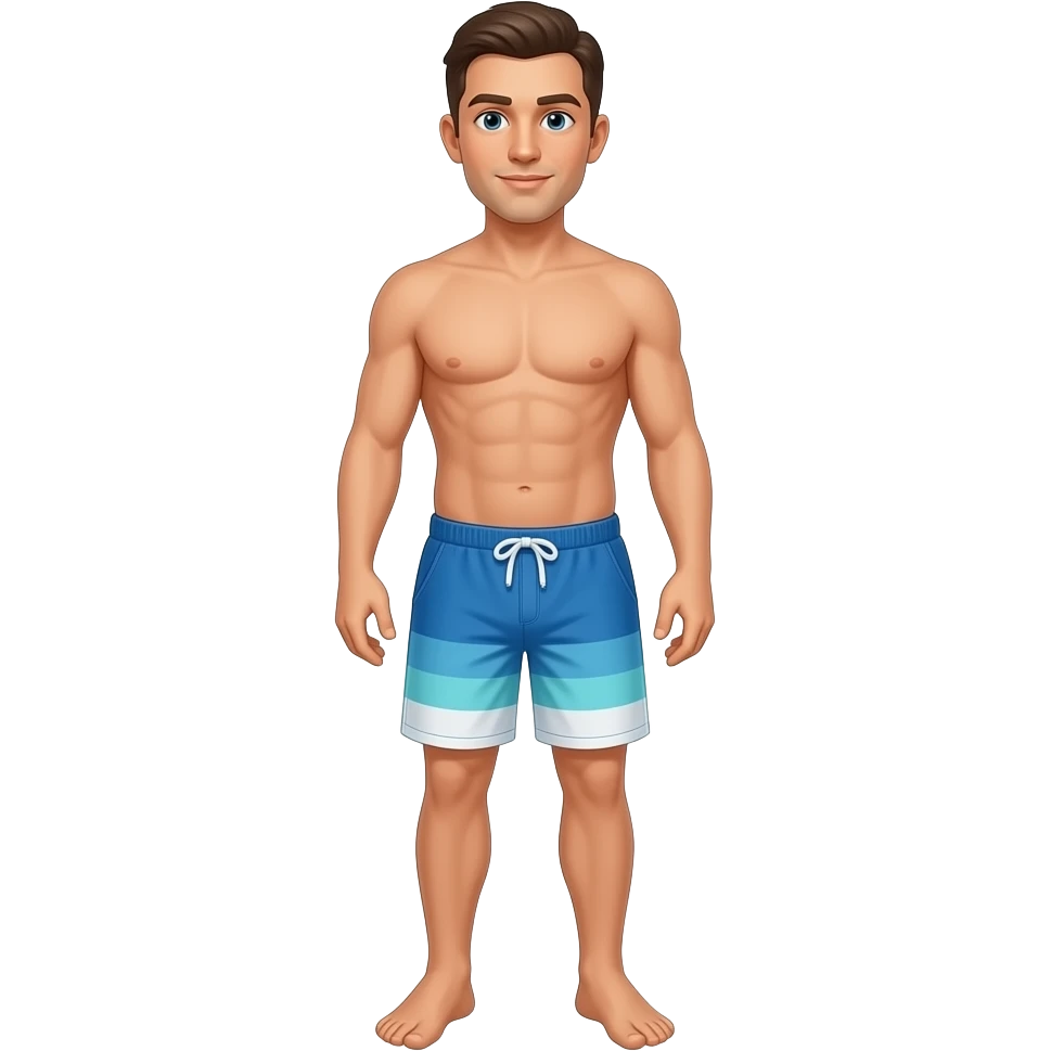 Caucasian man with feet wearing swim shorts emoji