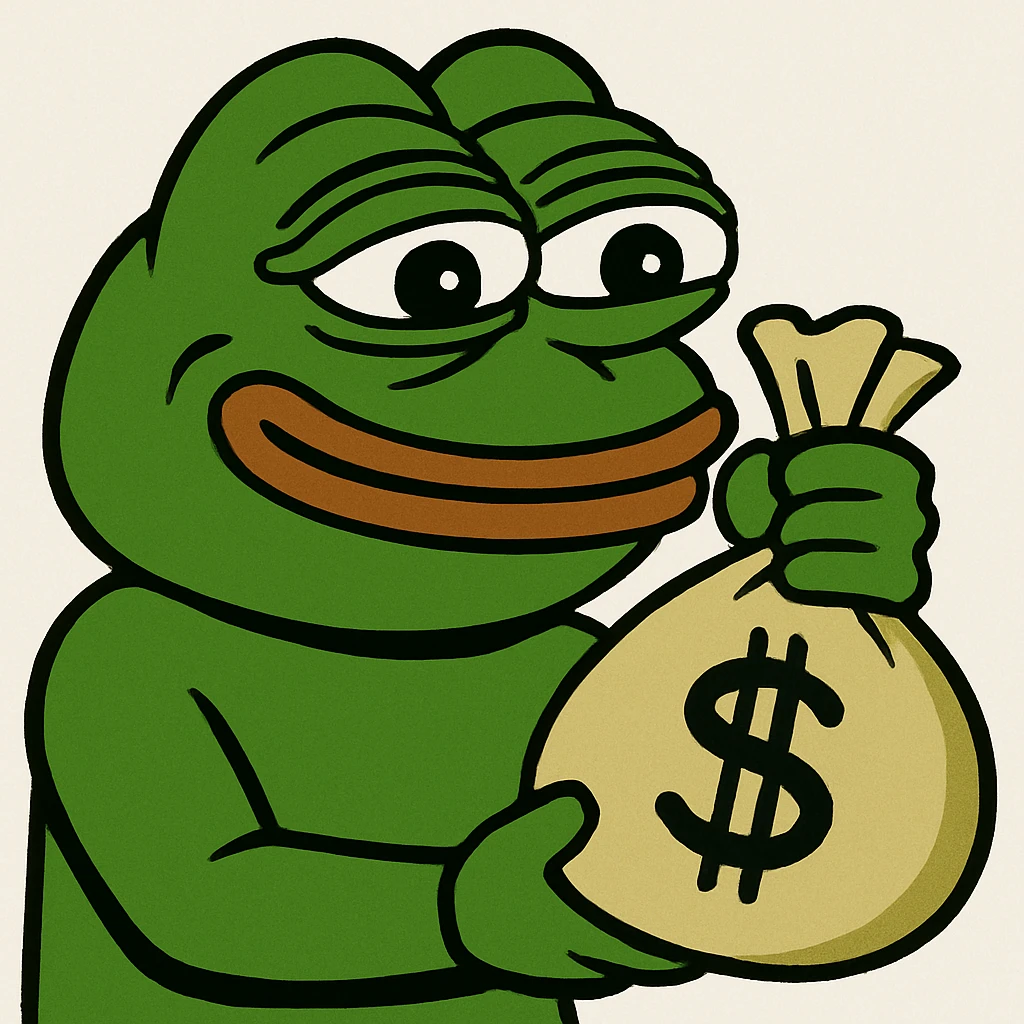 Pepe the Frog holding a money bag, happy expression emoji