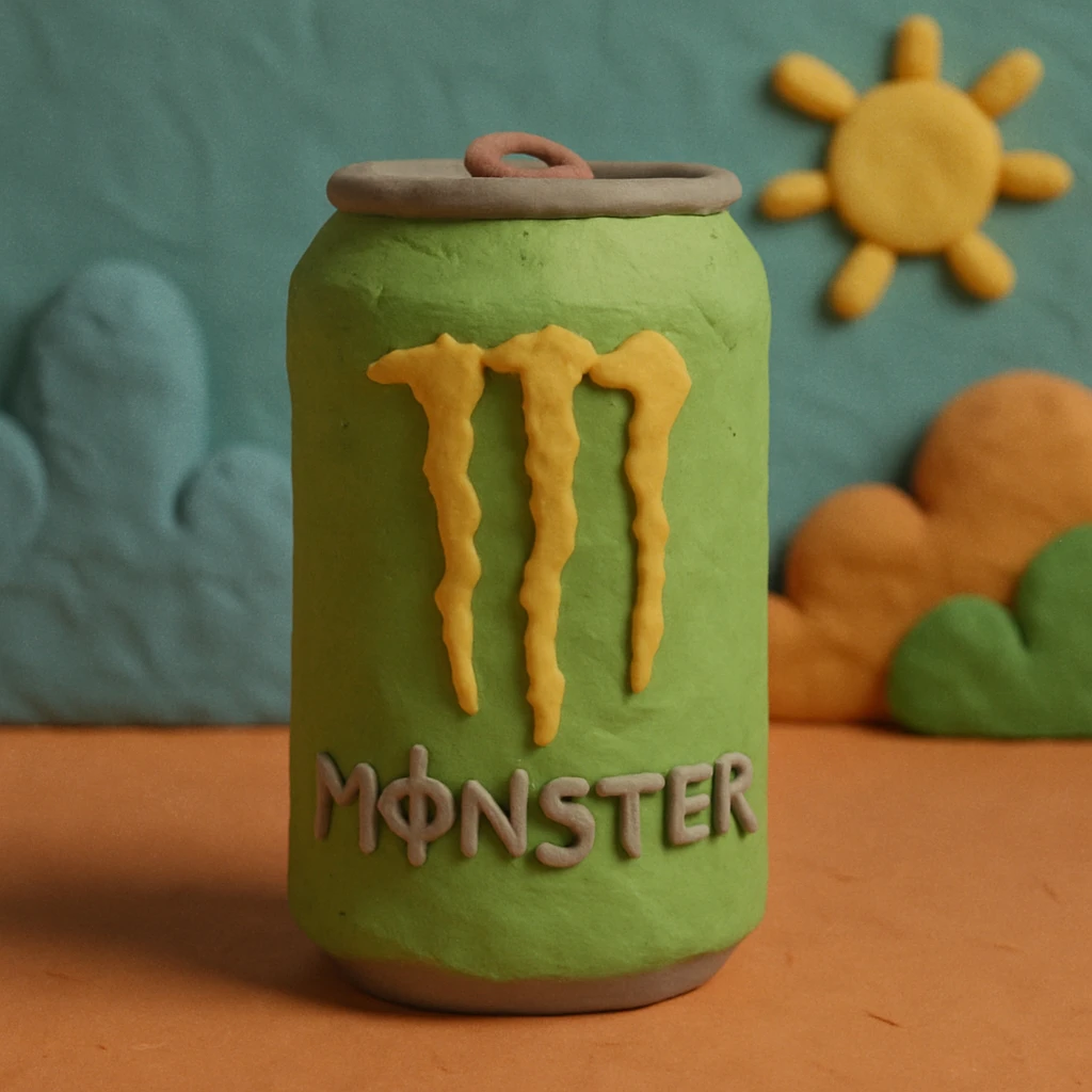monster energy drink can, matte and textured with visible fingerprints claymation style emoji