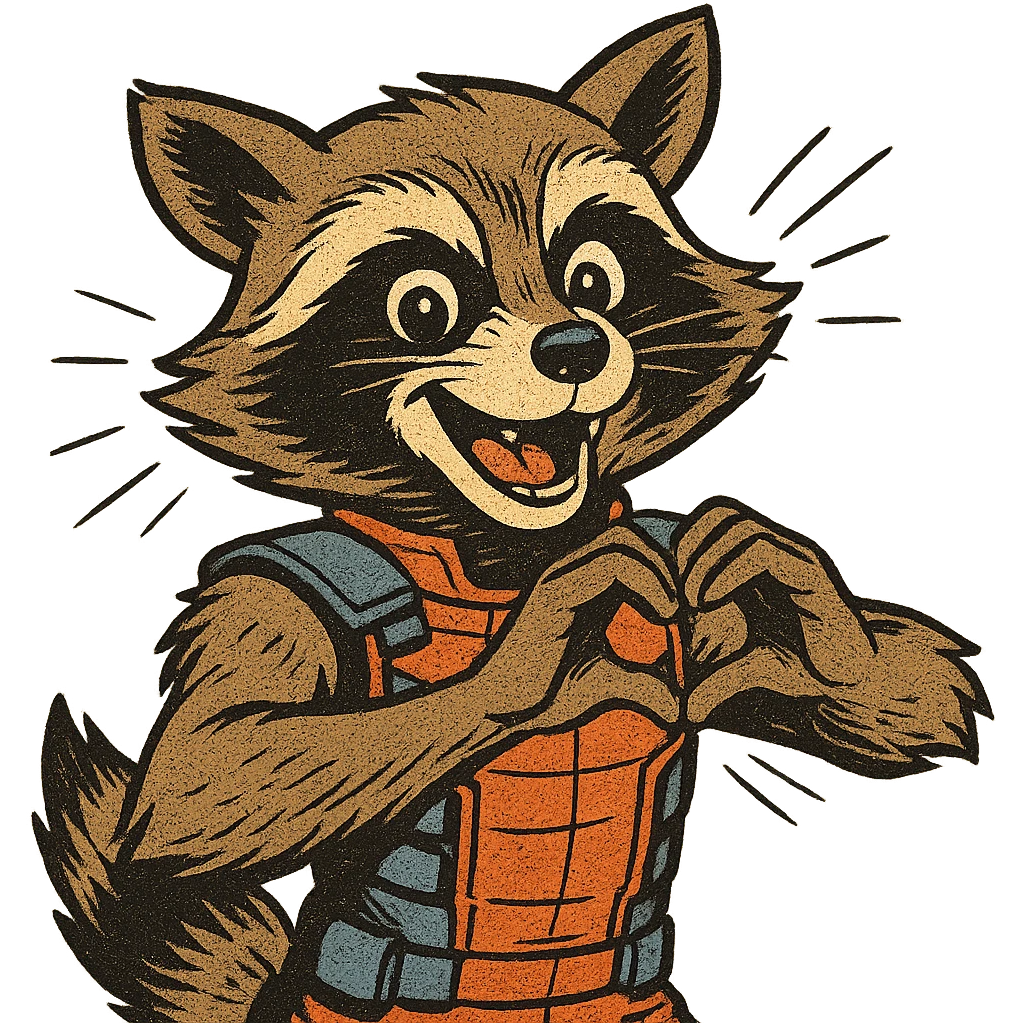 Rocket Raccoon in old school comic book style, making a heart gesture with his hands, cheerful expression emoji