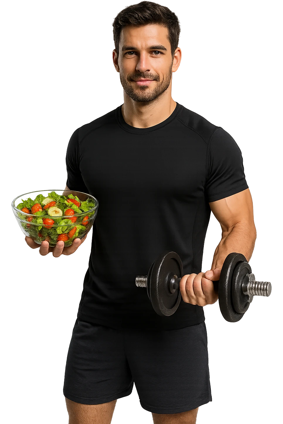 uomo fitness che fa ha un insalata nella mano destra e un manubrio da palestra nella mano sinistra emoji