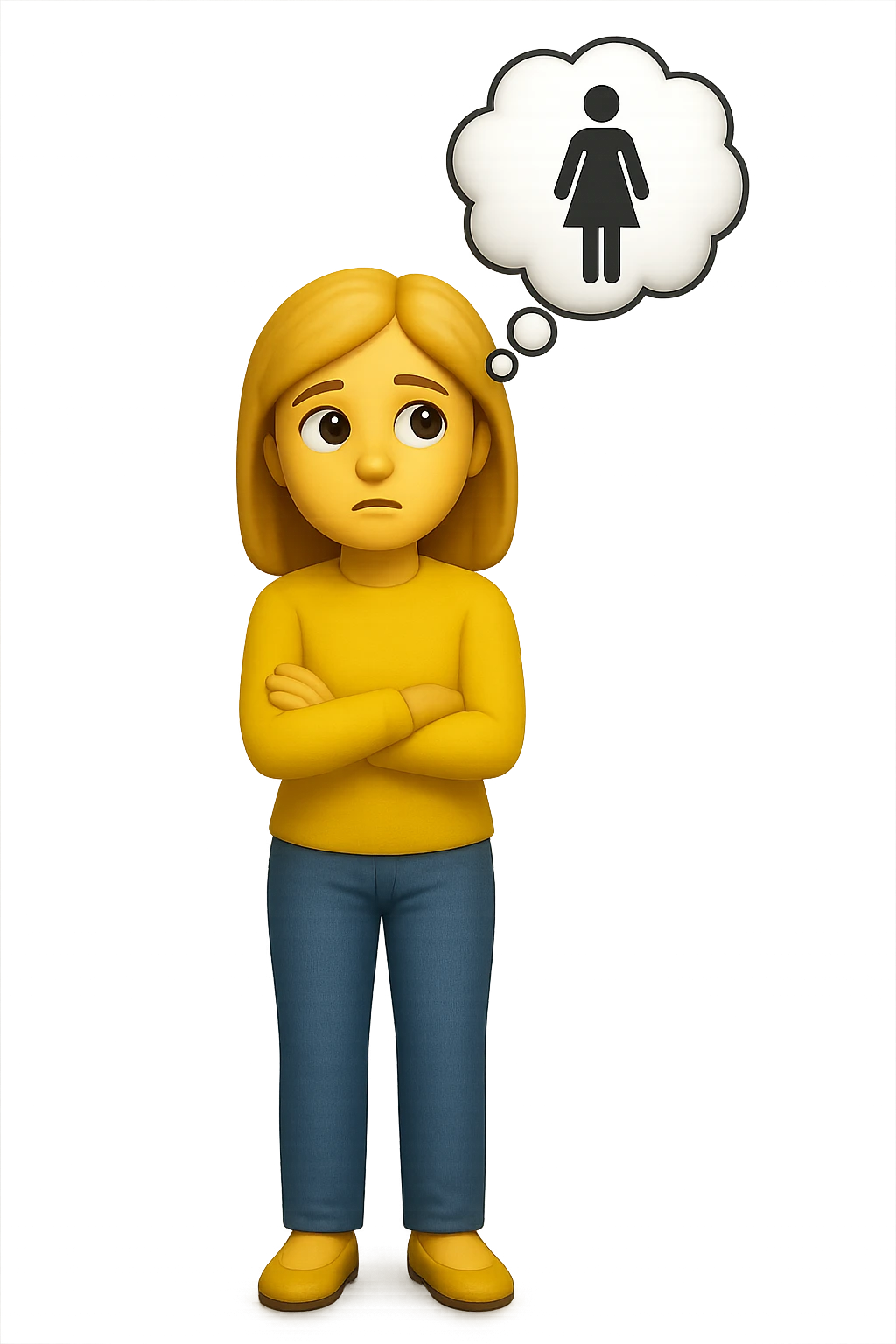 emoji stile iphone di una donna con nuvoletta di pensiero con all'interno la toilet per donne, falla a corpo intero, iperrealistico 4k emoji