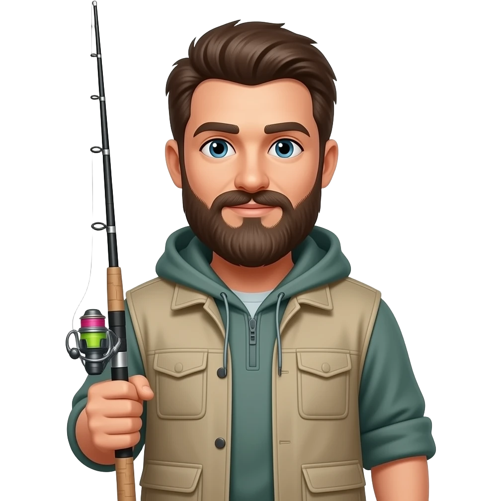 young man with beard front view with half body close up and hold fishing rod emoji